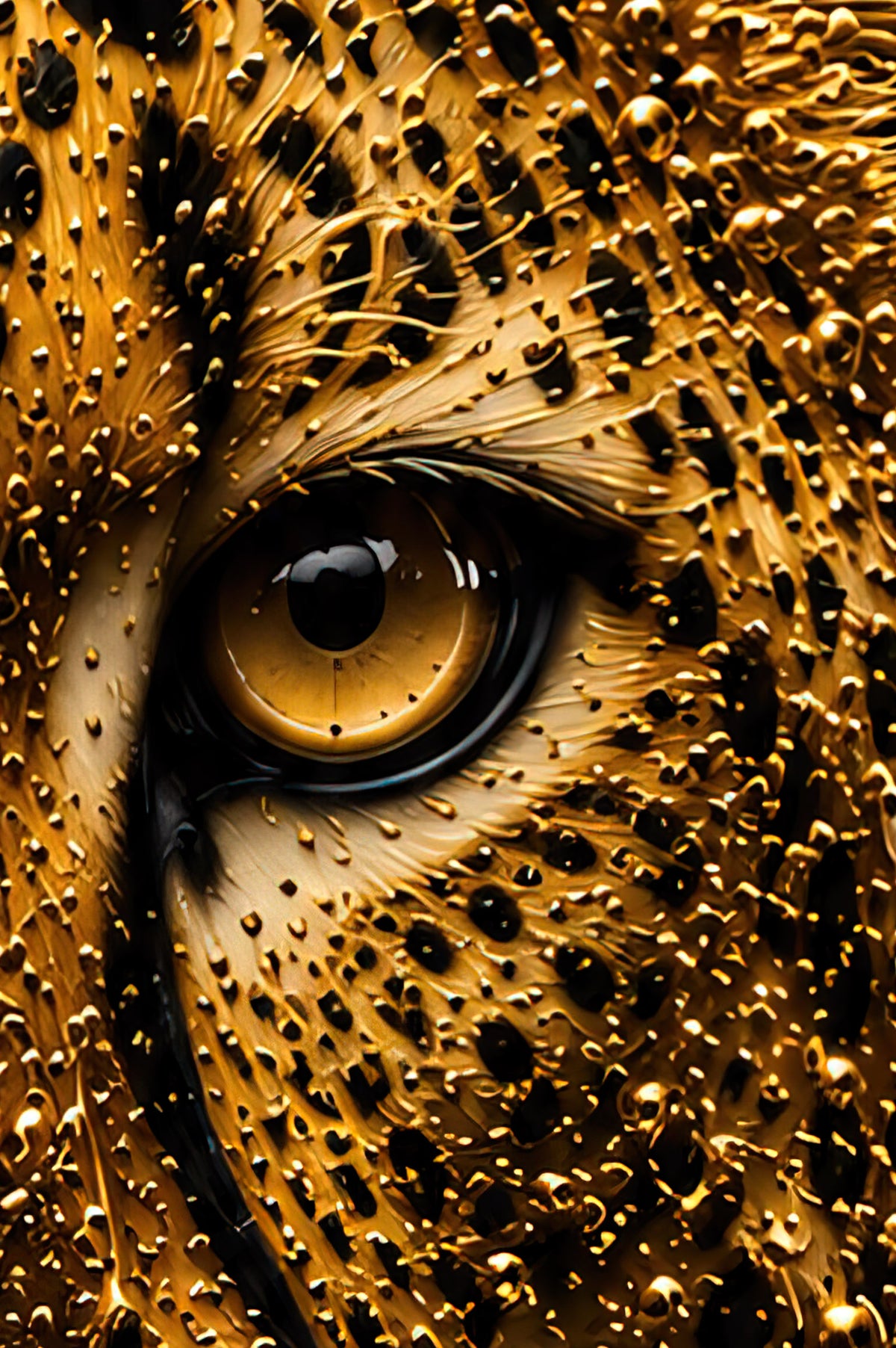 Detail van Golden Velocity cheetah kunstwerk met gouden structuur en oog