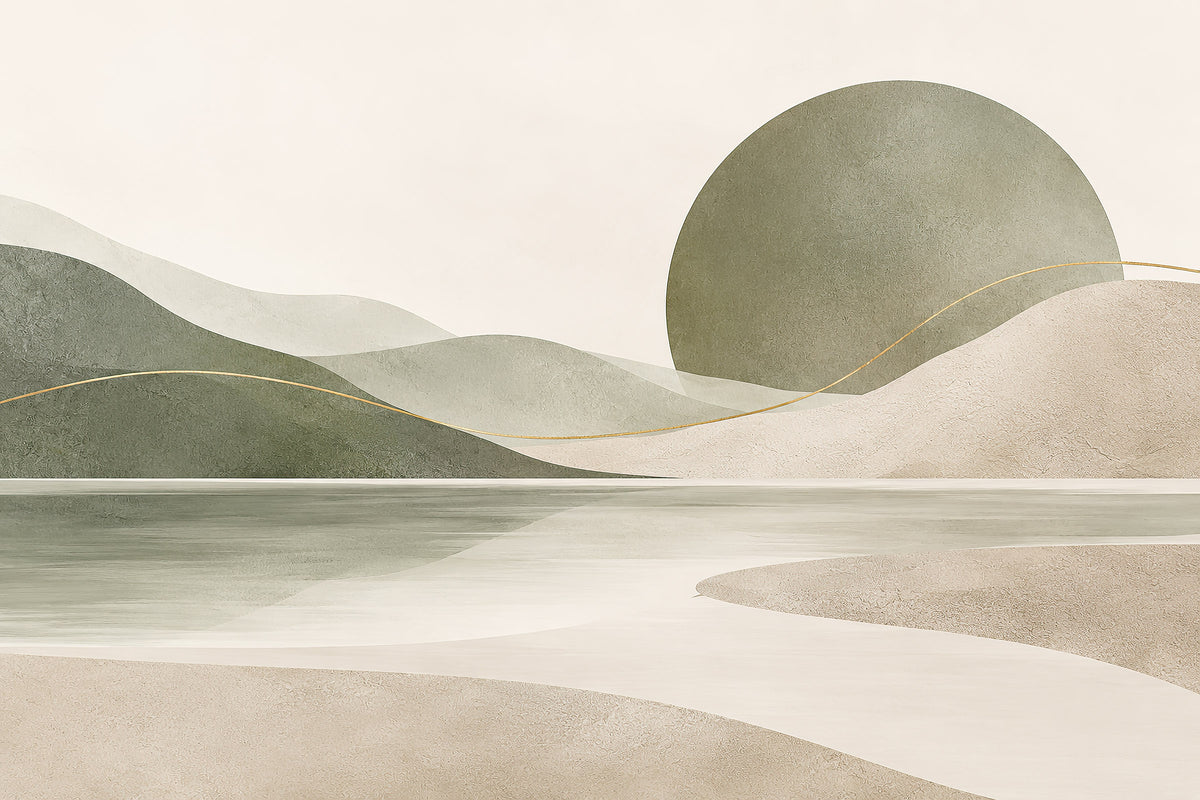 Sage Horizon rustige abstracte wanddecoratie met saliegroen, zandkleur en goudaccent.
