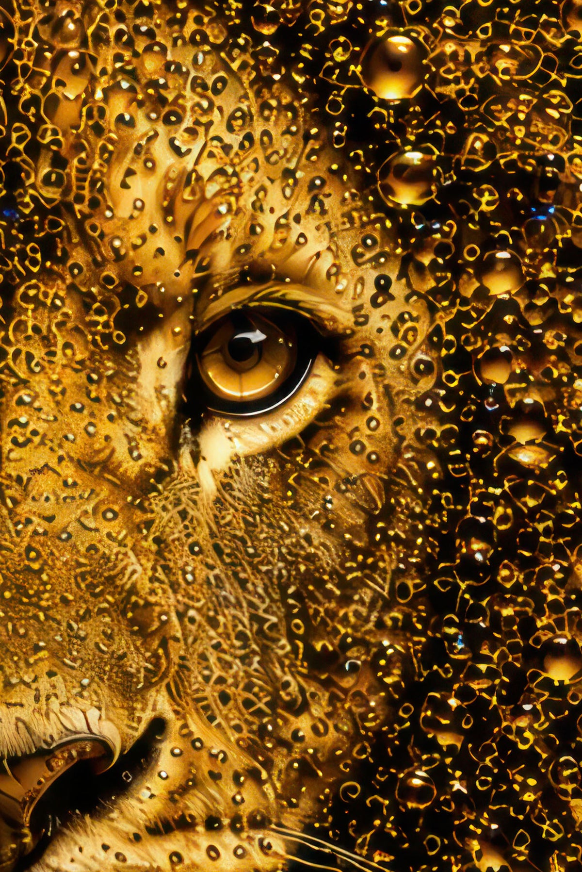 Detail van realistisch leeuwenoog in The Last King kunstwerk