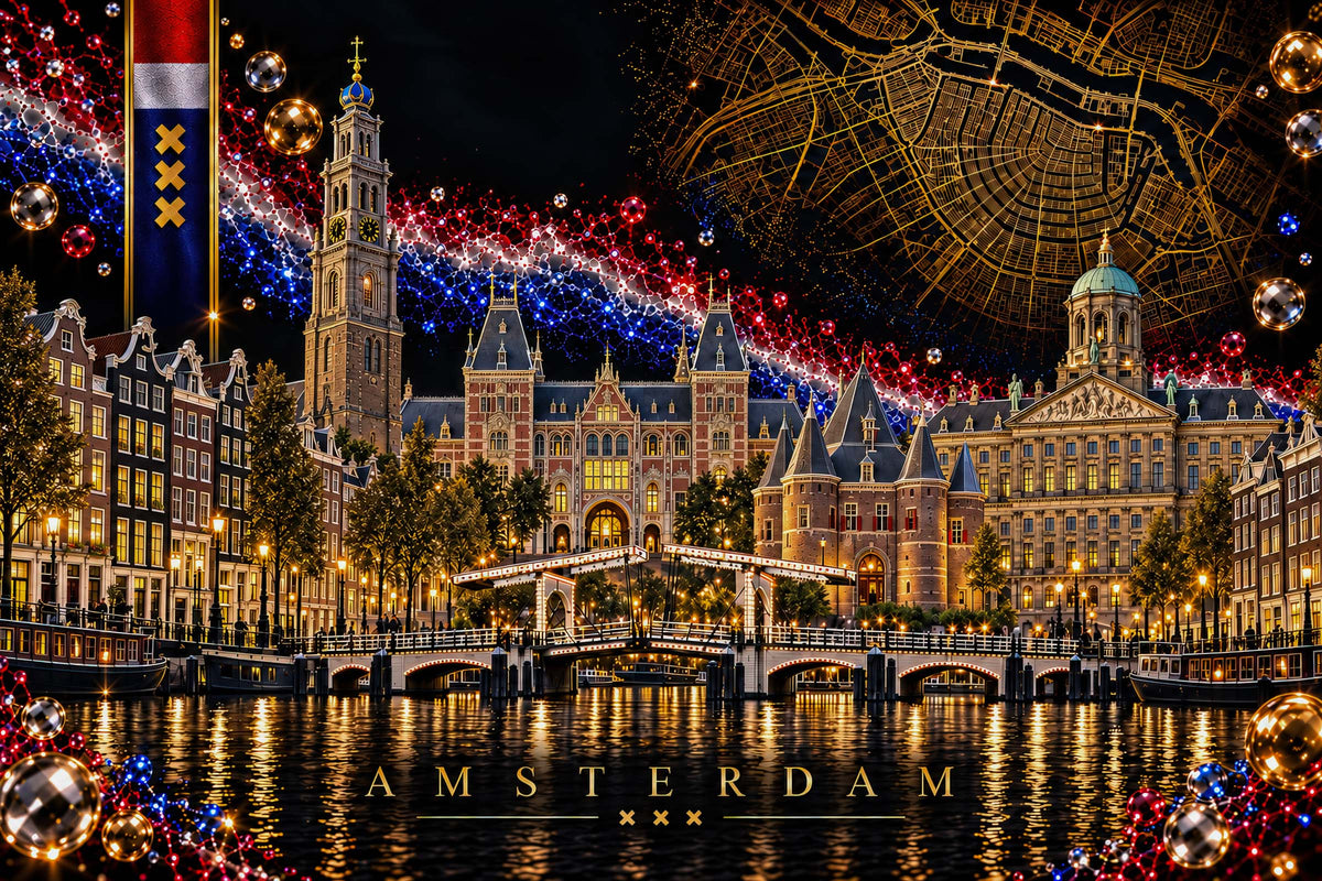 Luxe wanddecoratie van Amsterdam in de Iconic Cities collectie met oa de Waag, Rijksmuseum, Westertoren en Magere Brug aan de grachten