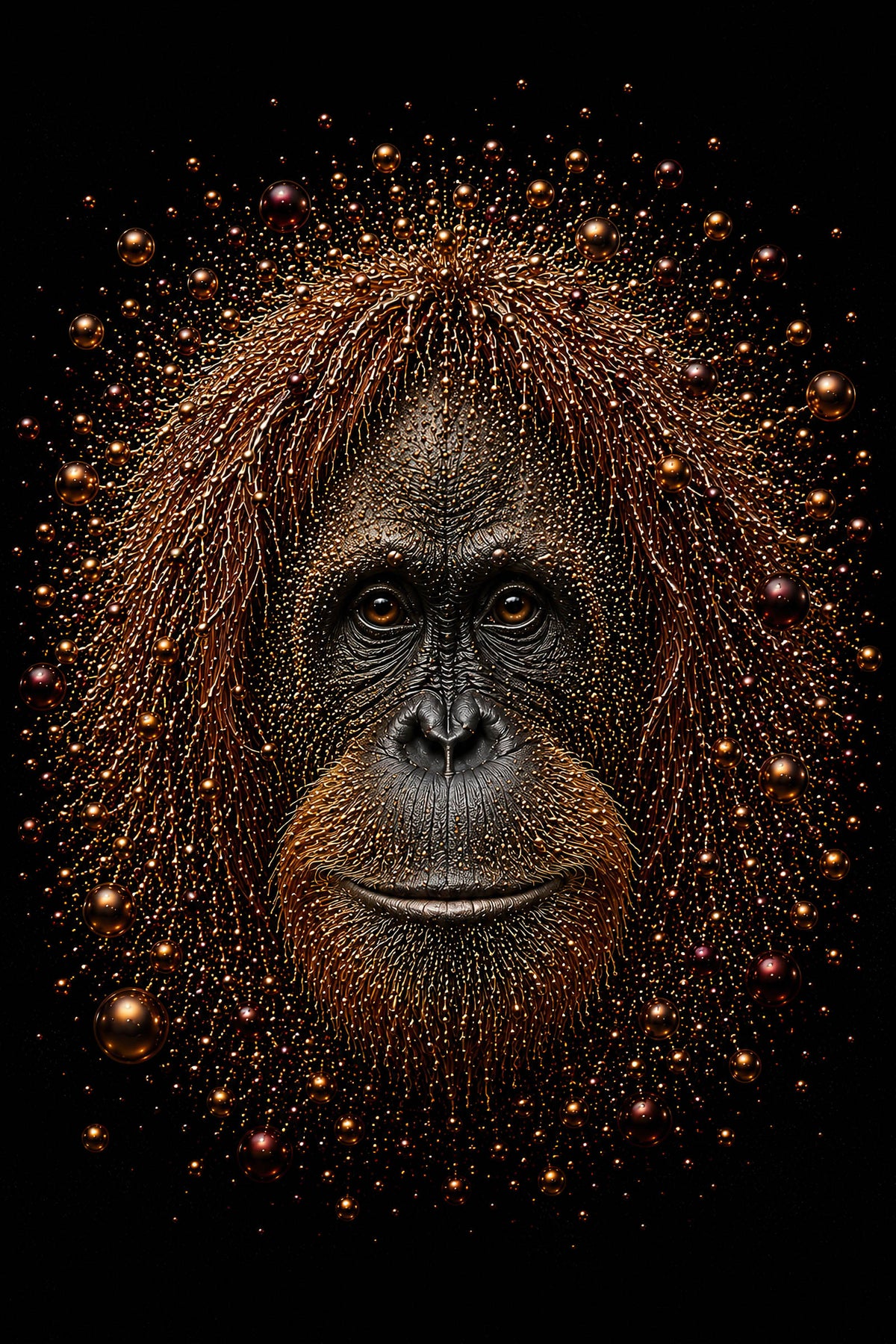 Ancient Soul wanddecoratie met orang-oetan in koper, goud en zwart omringd door glanzende bubbels