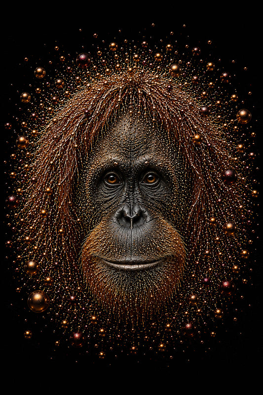 Ancient Soul wanddecoratie met orang-oetan in koper, goud en zwart omringd door glanzende bubbels