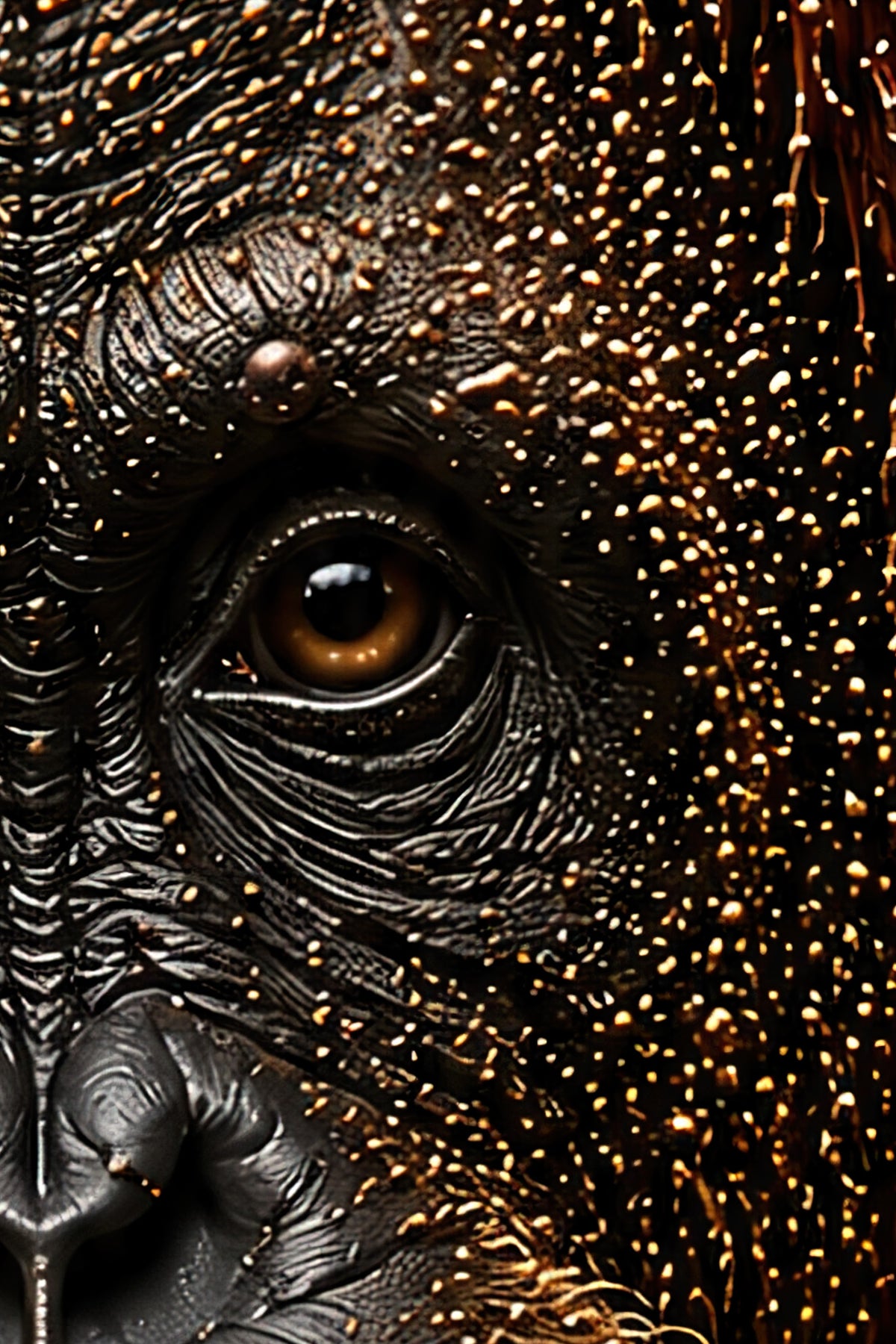 Detail van Ancient Soul met het expressieve oog en de goudkleurige structuur van de orang-oetan