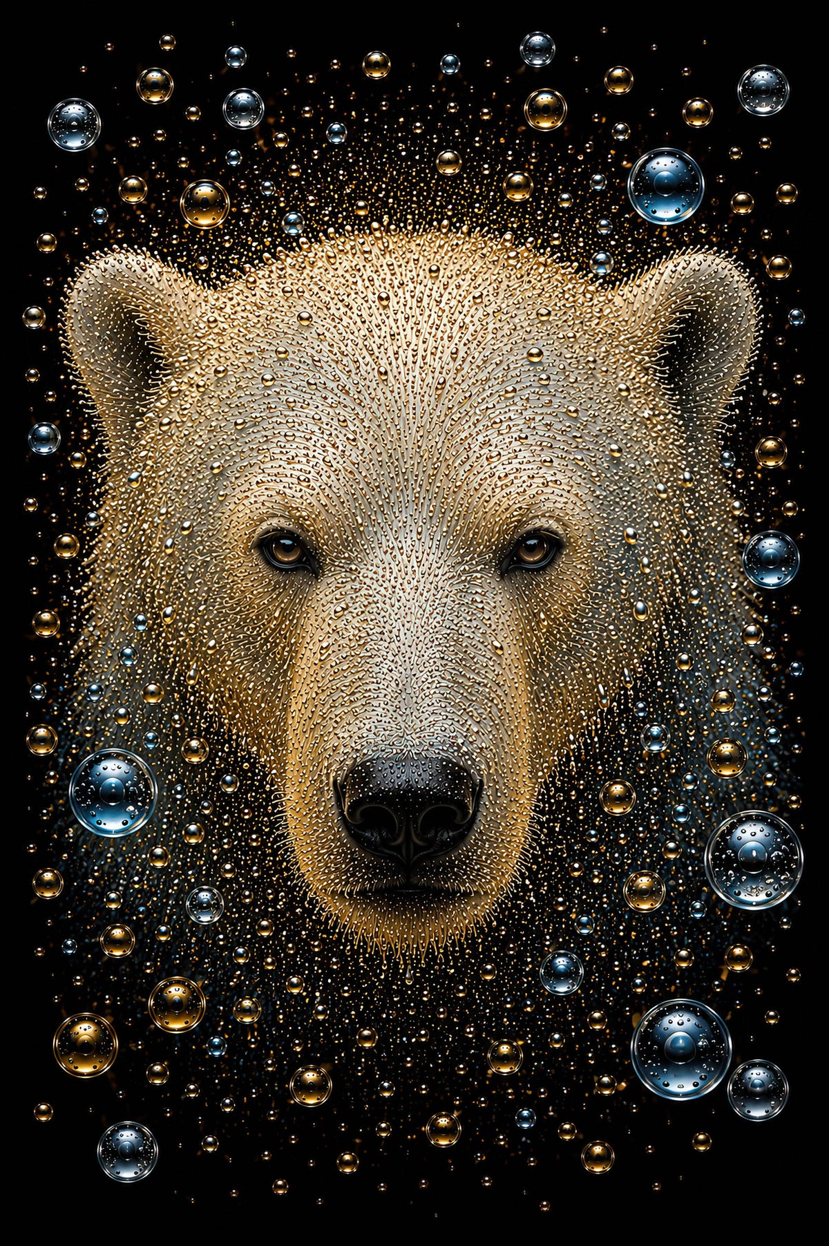Arctic Sovereign wanddecoratie met ijsbeer in goud en wit, omringd door gouden en blauwe bubbels