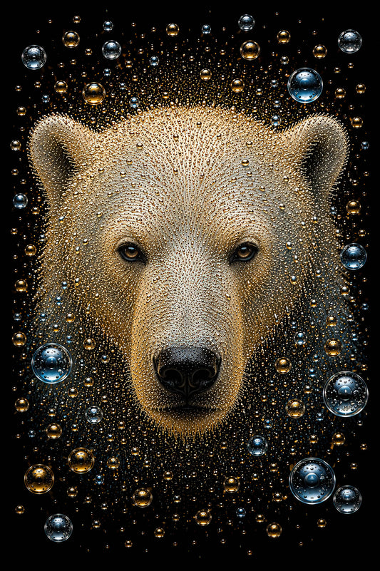Arctic Sovereign wanddecoratie met ijsbeer in goud en wit, omringd door gouden en blauwe bubbels
