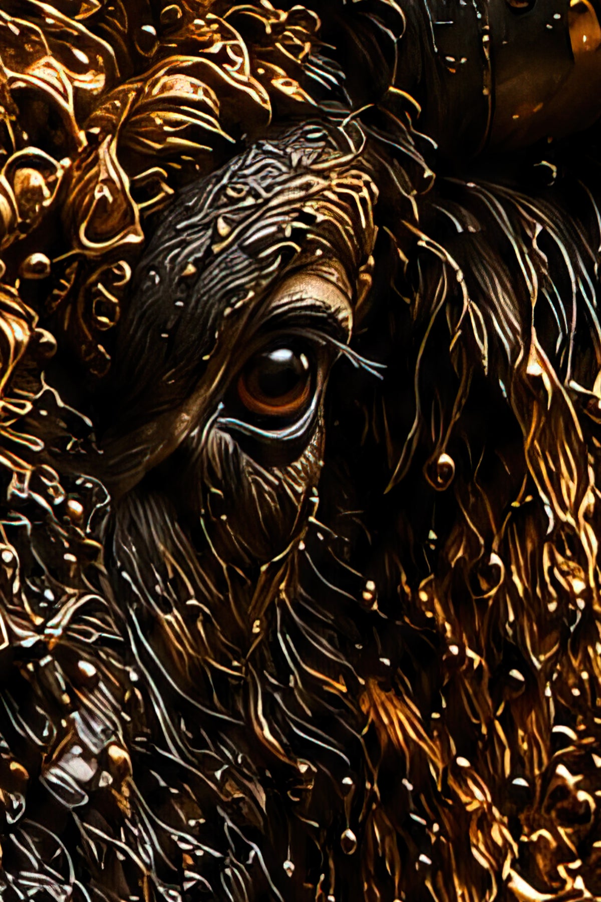 Detail van Bronze Titon met het oog en de verfijnde goud- en bronskleurige structuur van de bizon