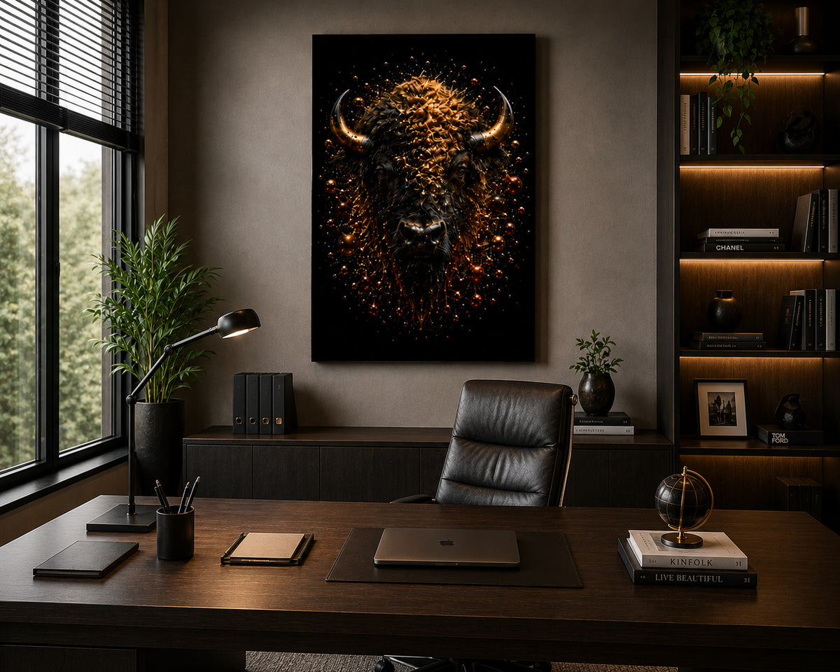 Bronze Titon bizon wanddecoratie in luxe kantoor met donker hout en warme bronskleurige accenten