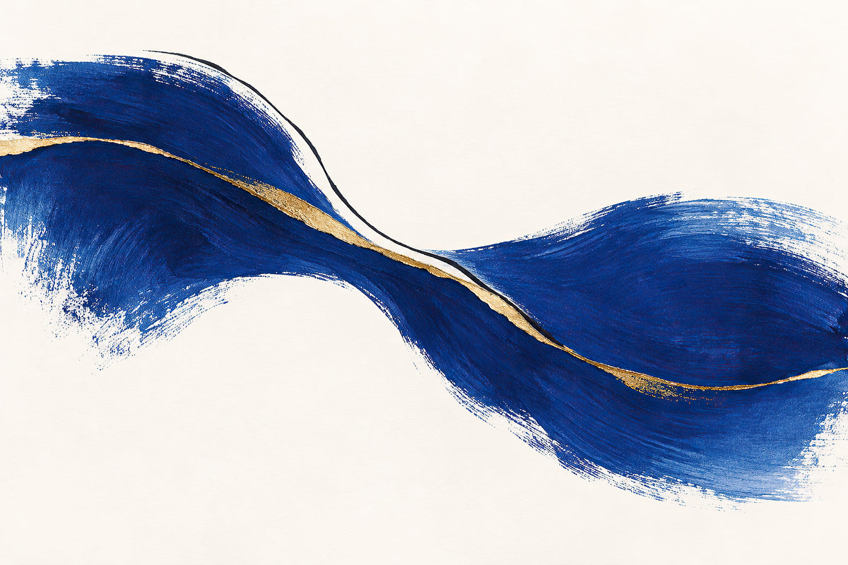Cobalt Divide abstracte blauwe wanddecoratie van ELICEC in kobaltblauw, ivoor, goud en zwart.