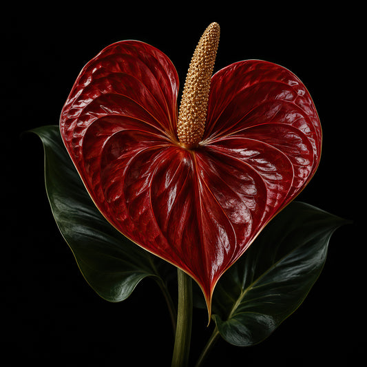 Dieprode anthurium wanddecoratie met gouden bloemkolf op een zwarte achtergrond