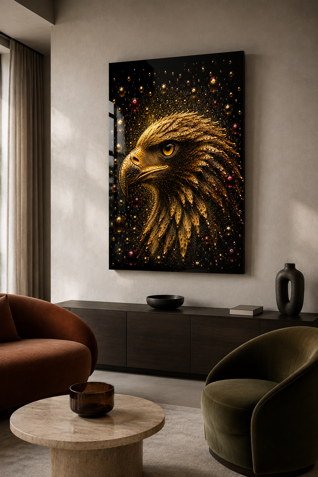 Kunstwerk aan de muur van gouden arend in een creatie van bubbels