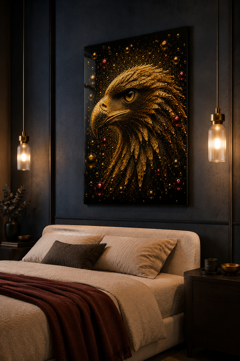 De scherpe blik van de arend in de slaapkamer als luxueuze wanddecoratie met goudtinten