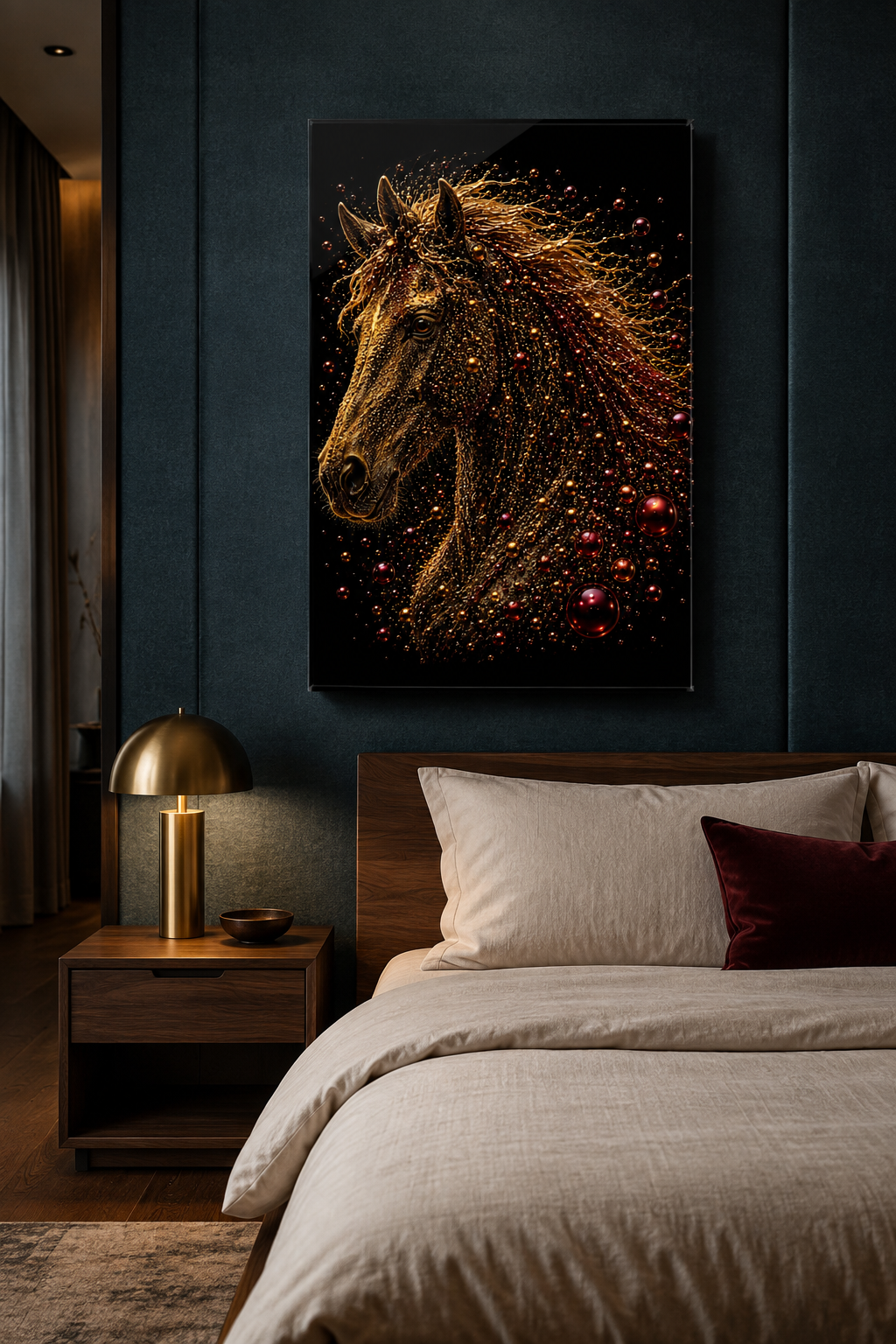 Crimson Spirit gouden paard kunstwerk in een sfeervolle moderne hotelkamer