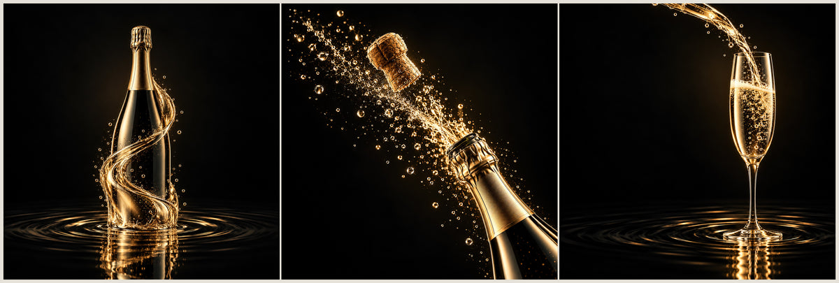 Luxe champagne drieluik met champagnefles, champagnekurk en champagneflute in zwart en goud – The Celebration van ELICEC