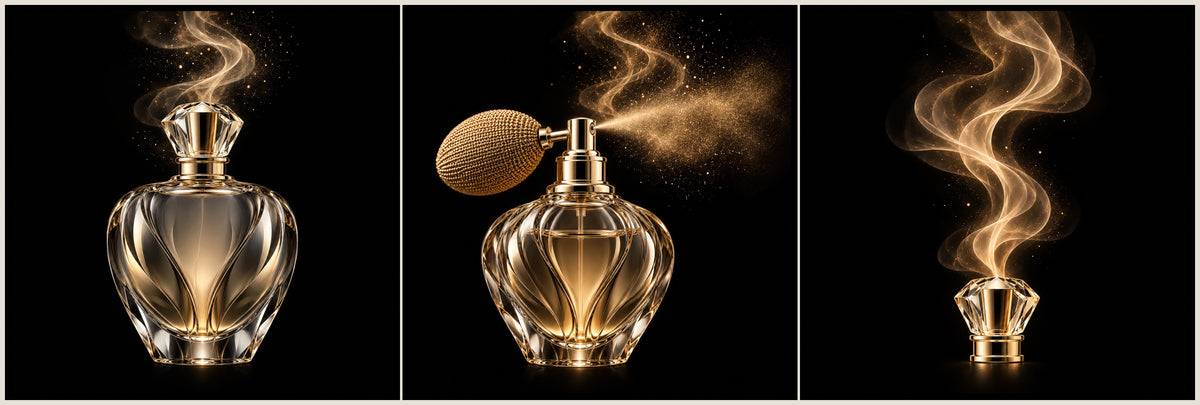 Luxe parfum drieluik met parfumflacon, parfumverstuiver en geurwolk in zwart en goud – The Art of Scent van ELICEC