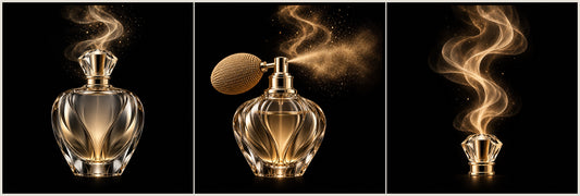 Luxe parfum drieluik met parfumflacon, parfumverstuiver en geurwolk in zwart en goud – The Art of Scent van ELICEC