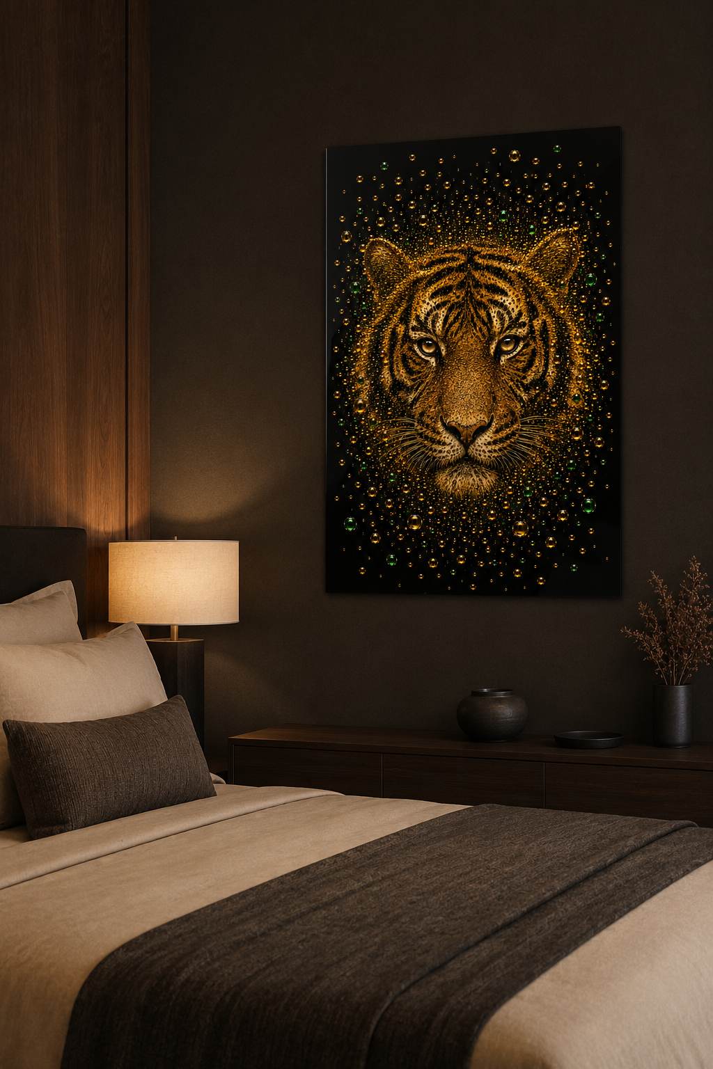 Emerald Stripes als luxe gouden tijger wanddecoratie in een stijlvolle slaapkamer
