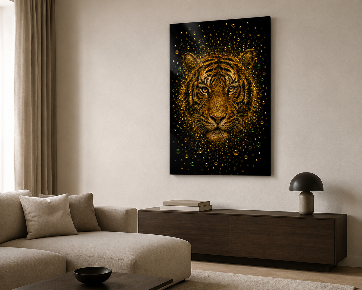Emerald Stripes tijger wandkunst in een lichte moderne woonkamer