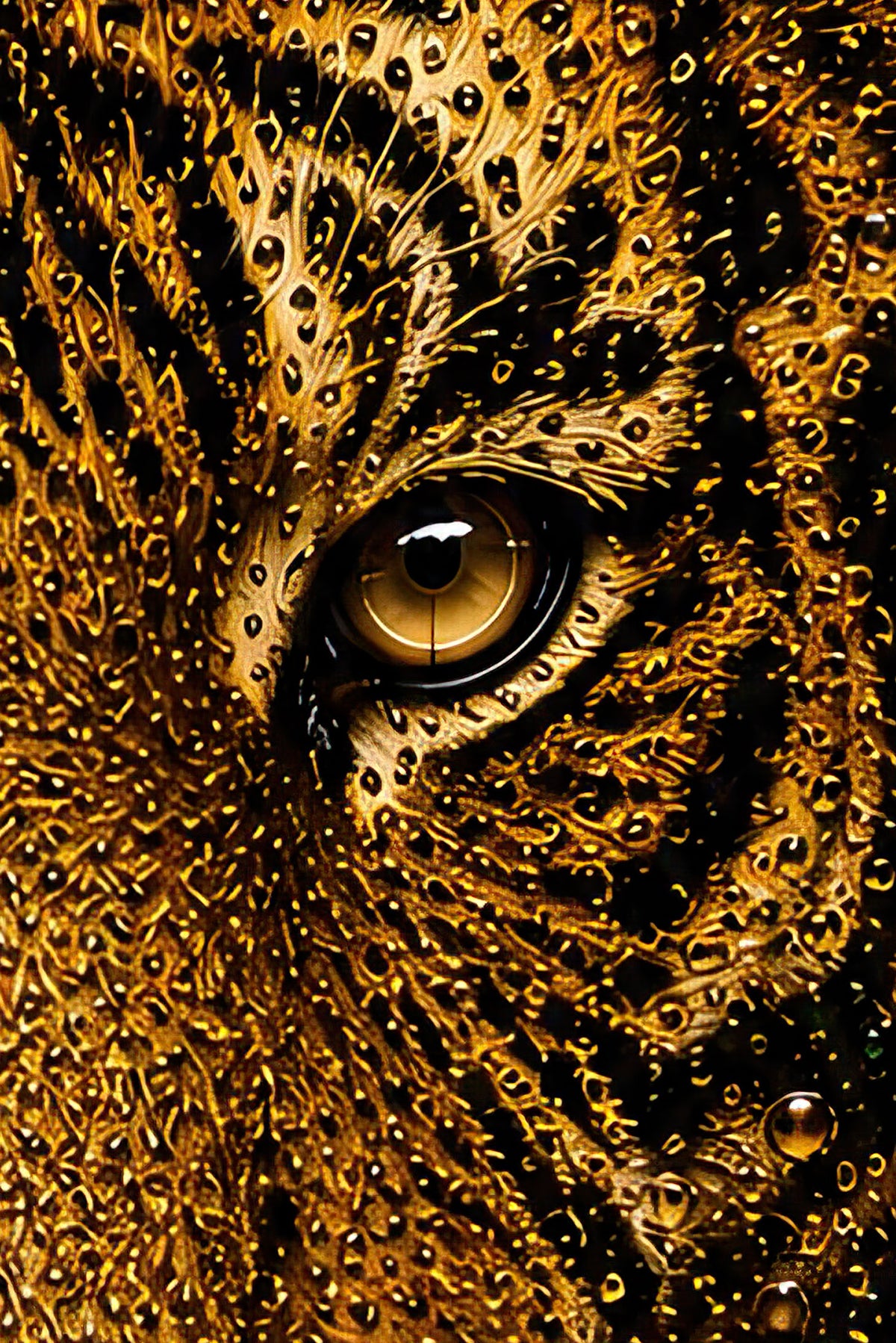Close-up van Emerald Stripes met gouden details en het intense oog van de tijger