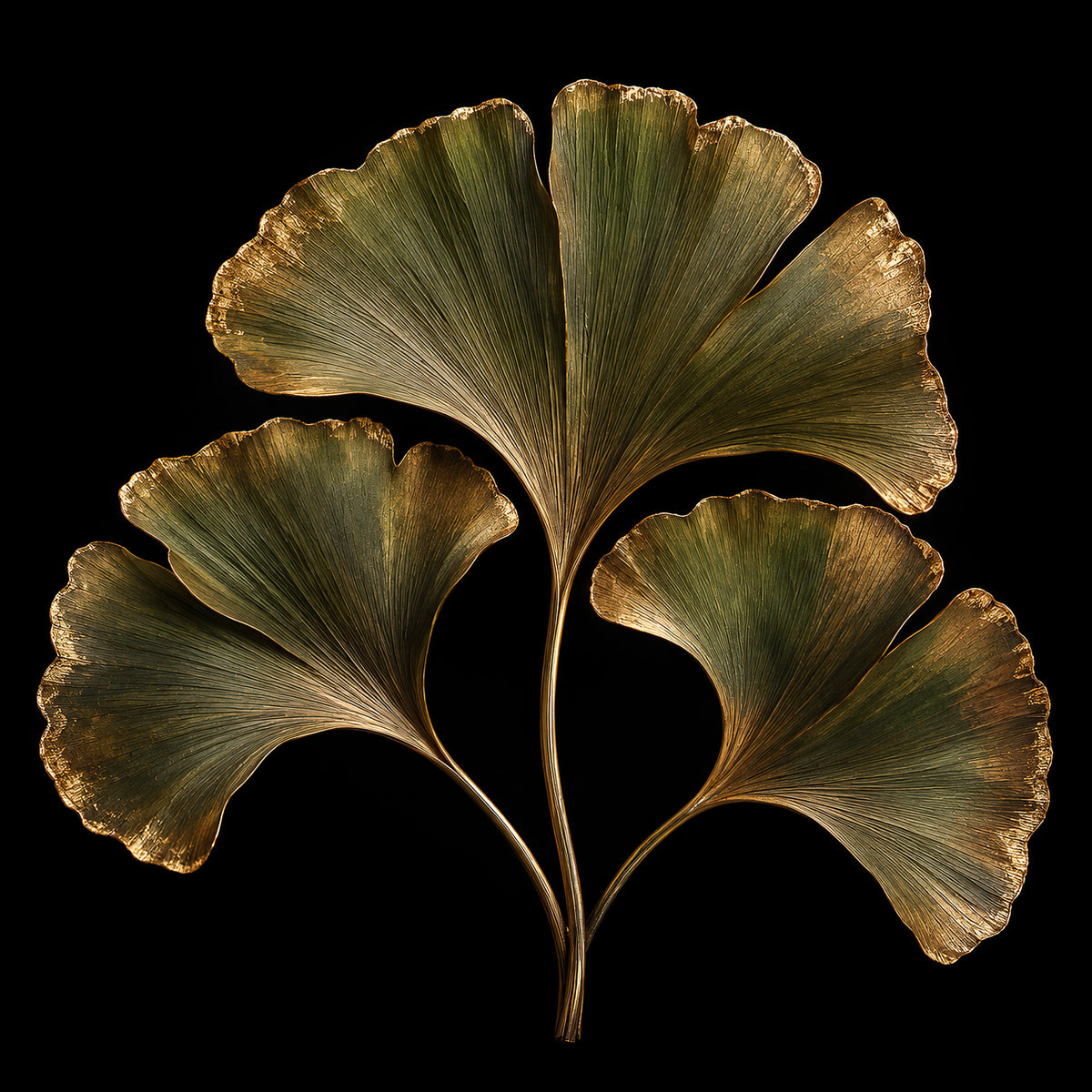 Luxe ginkgo bladeren wanddecoratie in olijfgroen en goud op een diepzwarte achtergrond