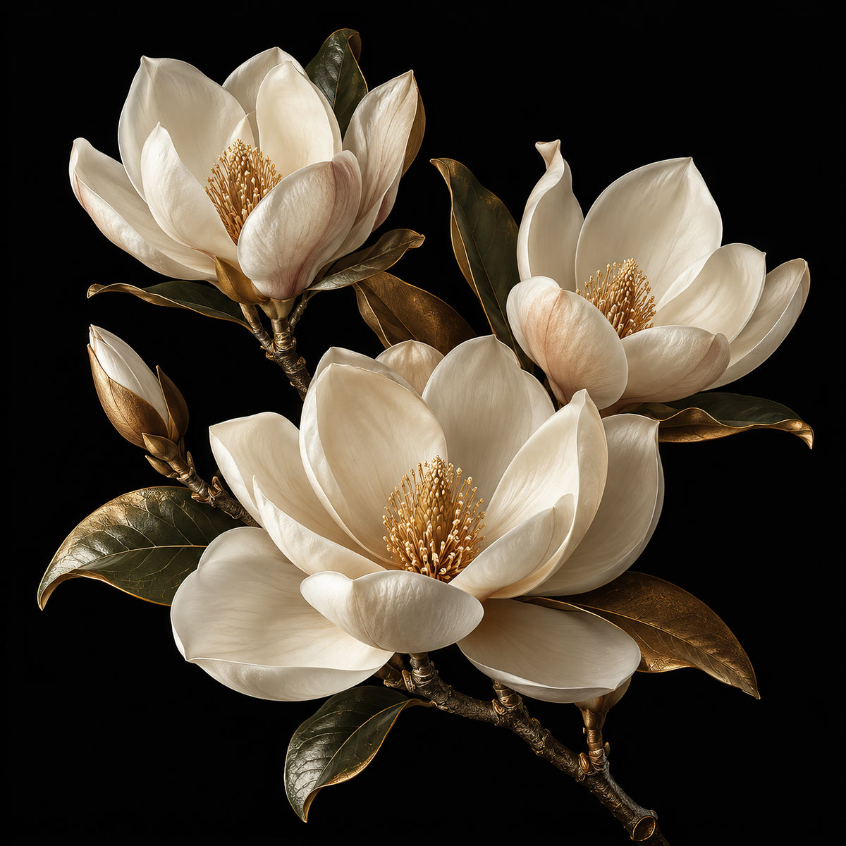 Gouden magnolia wanddecoratie met verfijnde bloembladeren op een zwarte achtergrond