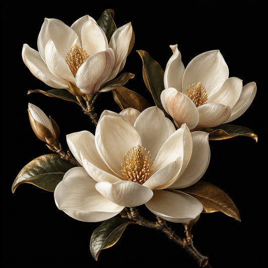 Gouden magnolia wanddecoratie met verfijnde bloembladeren op een zwarte achtergrond