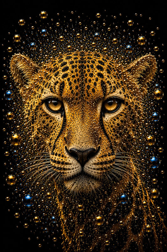 Golden Velocity cheetah bubble art in goud en blauw op zwarte achtergrond