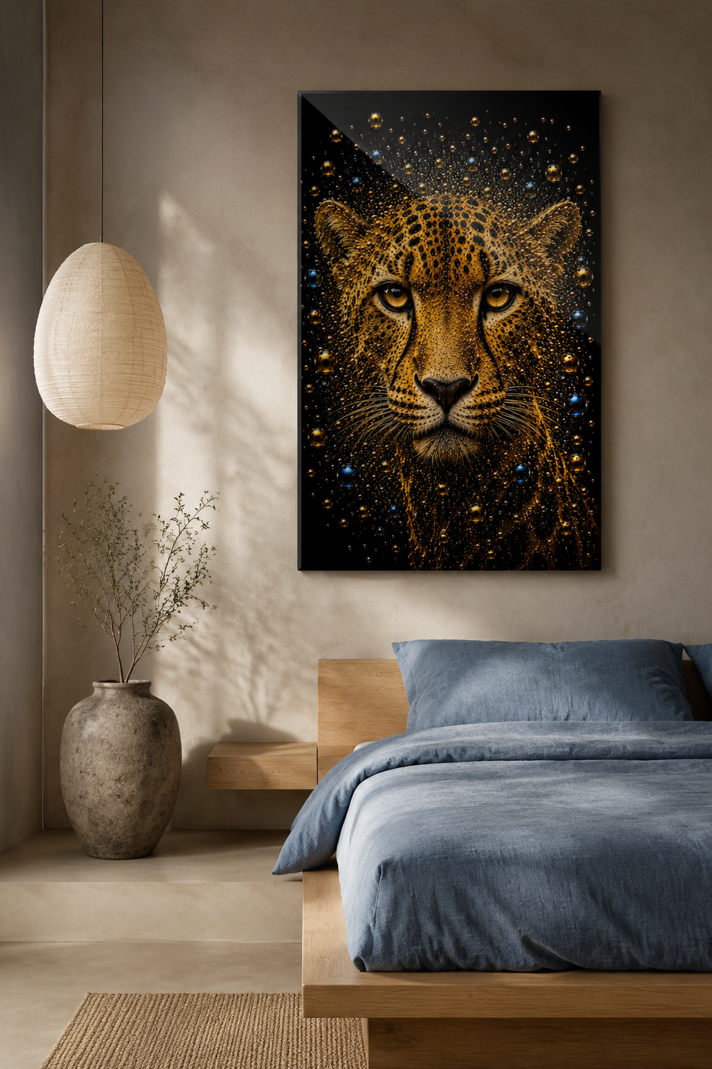 Golden Velocity cheetah wanddecoratie in goud en blauw in een moderne slaapkamer
