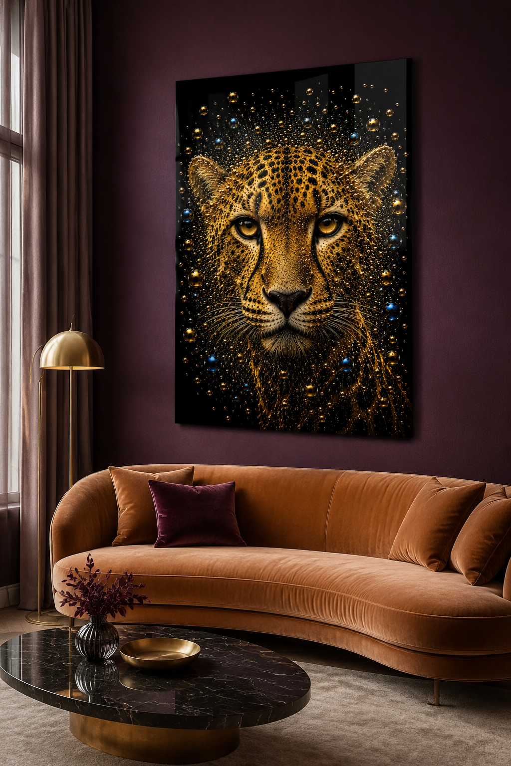 Golden Velocity cheetah bubble art in goud en blauw op paarse achtergrond