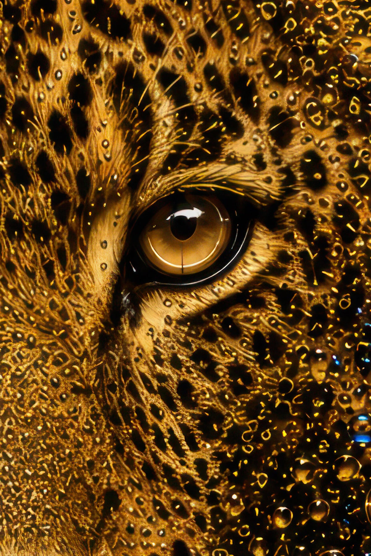 Detail van realistisch luipaardoog in Golden Gaze kunstwerk