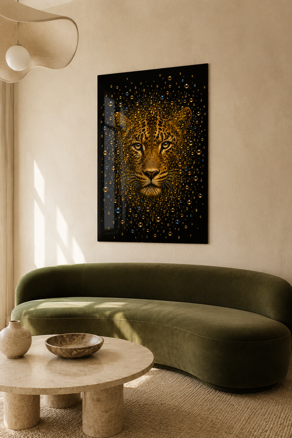 Gouden luipaard wanddecoratie Golden Gaze in modern interieur