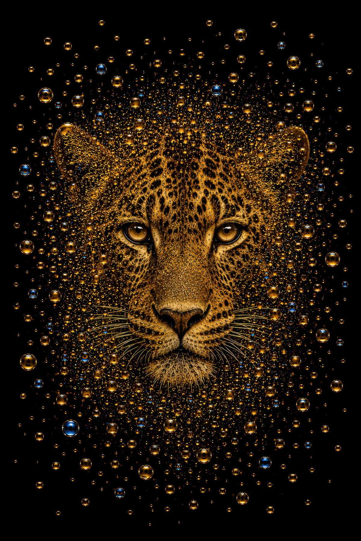 Gouden luipaard wanddecoratie met exploderende bubbels op zwarte achtergrond – Golden Gaze van Elicec
