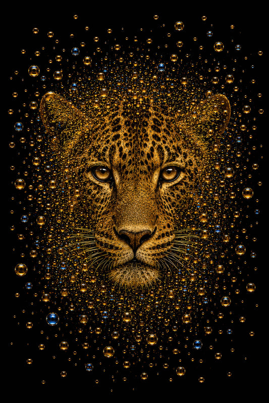Gouden luipaard wanddecoratie met exploderende bubbels op zwarte achtergrond – Golden Gaze van Elicec