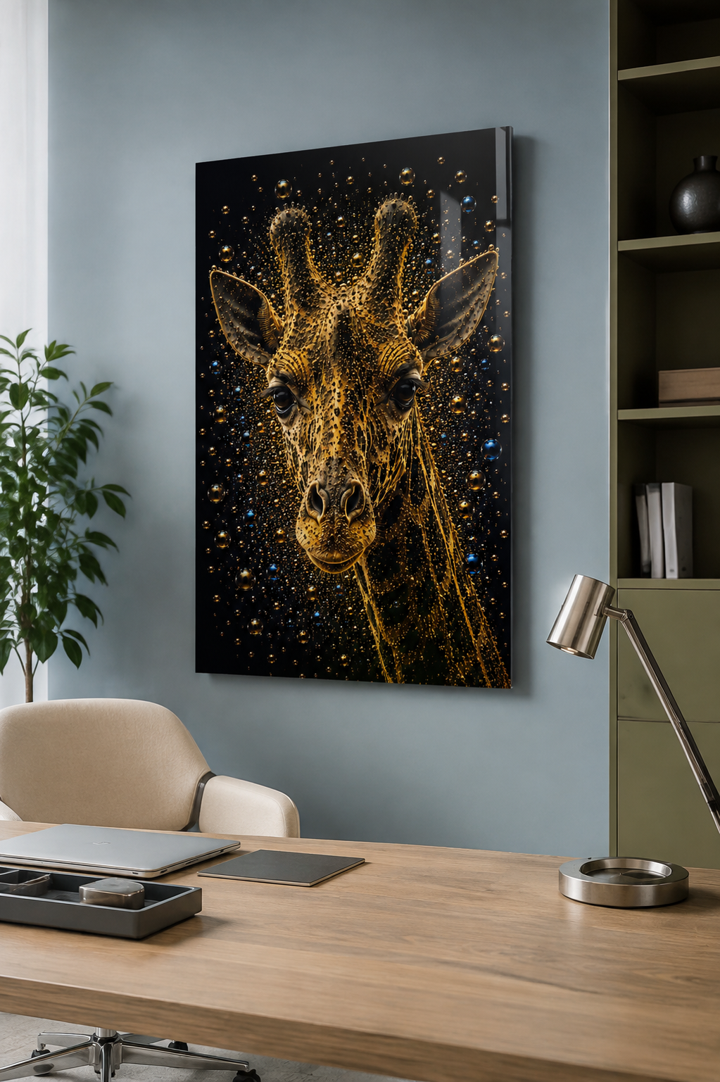 Golden Horizon gouden giraf kunstwerk in een stijlvol modern kantoor