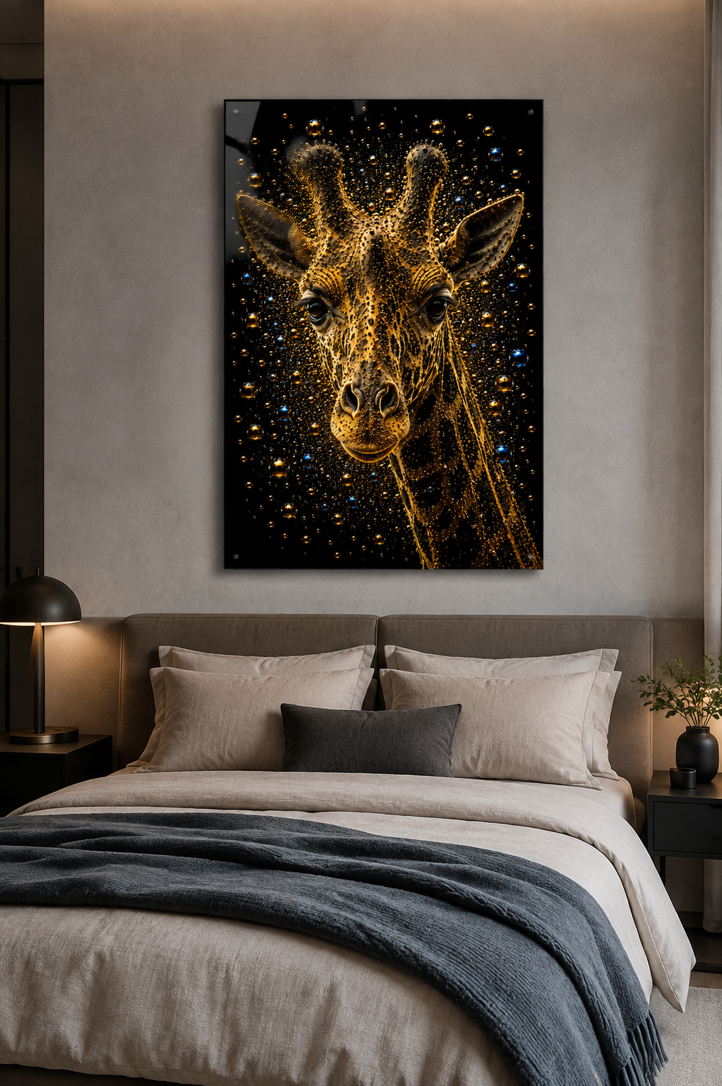 Golden Horizon giraf wanddecoratie met gouden bubbels in een moderne slaapkamer