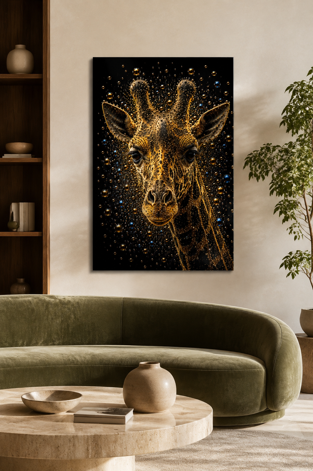 Golden Horizon giraf bubble art als luxe wanddecoratie in een moderne woonkamer