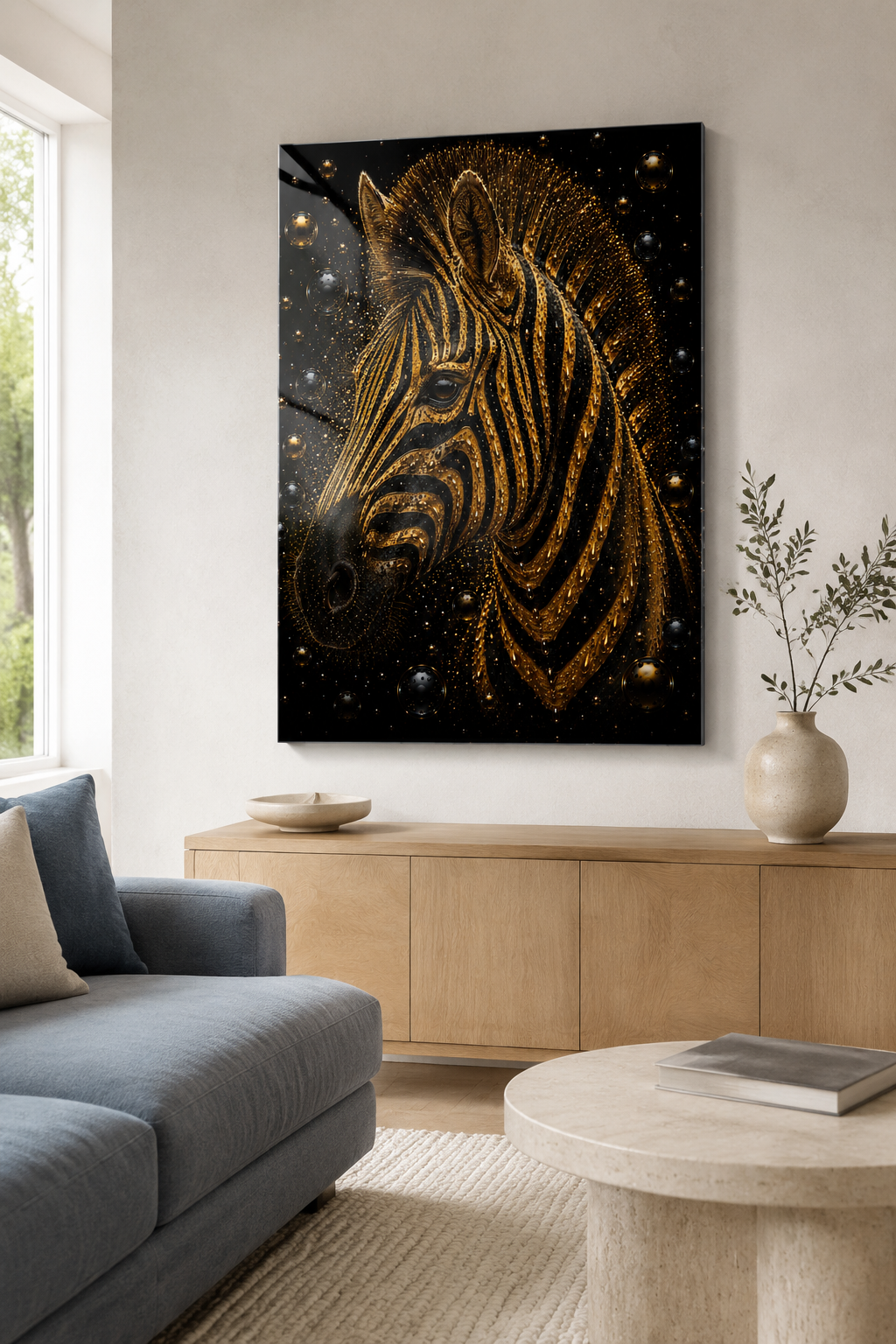 Wanndecoratie van magische bellen rondom zebra als kunstwerk aan de muur in woonkamer