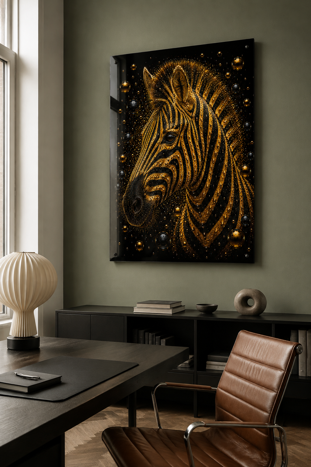Stijlvol kunstwerk van zebra in goudtonen met explosie van bellen voor kantoorruimte