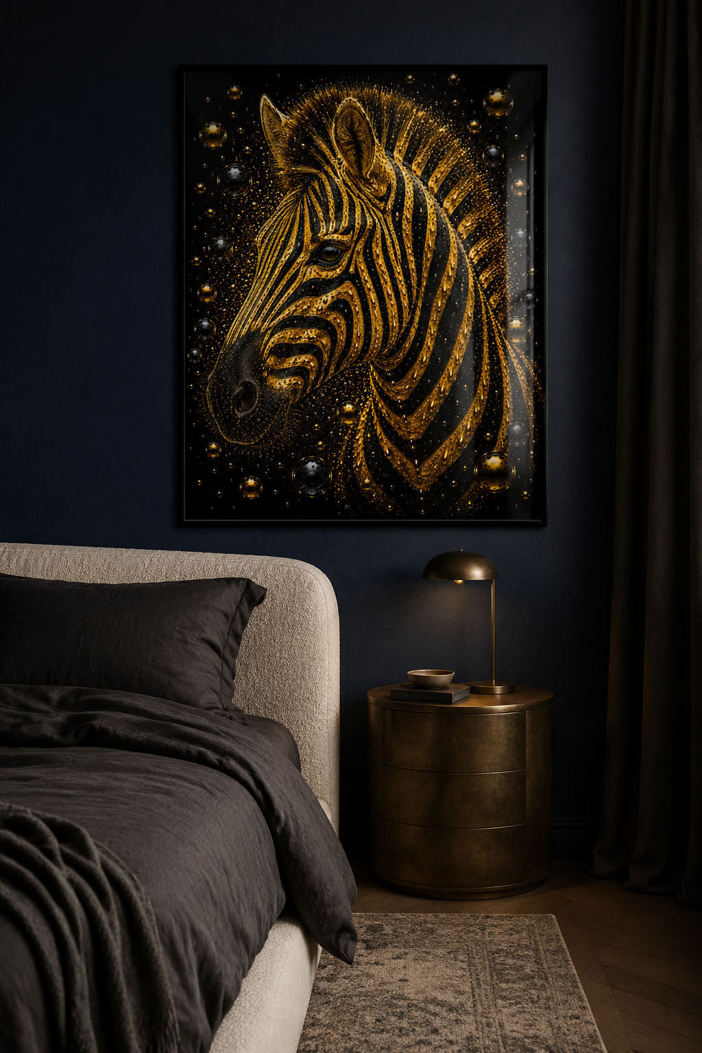 Gouden ritme (Golden Rhythm) kunst in de slaapkamer op donkere muur