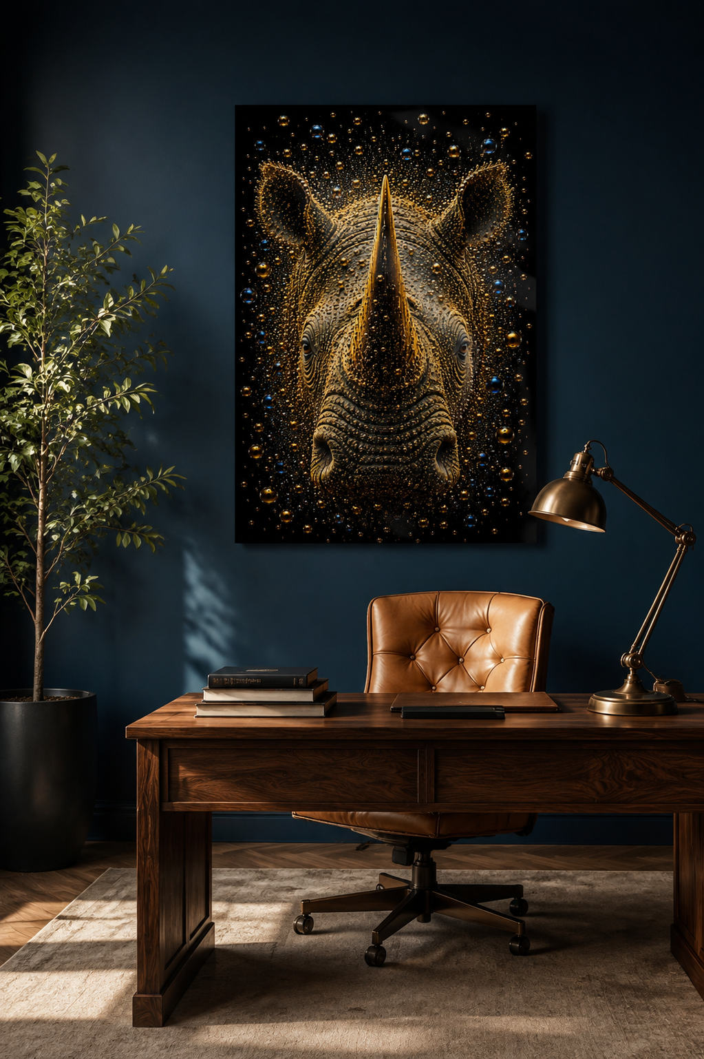 Golden Sentinel neushoorn wanddecoratie met gouden bubbels in een luxe kantoor