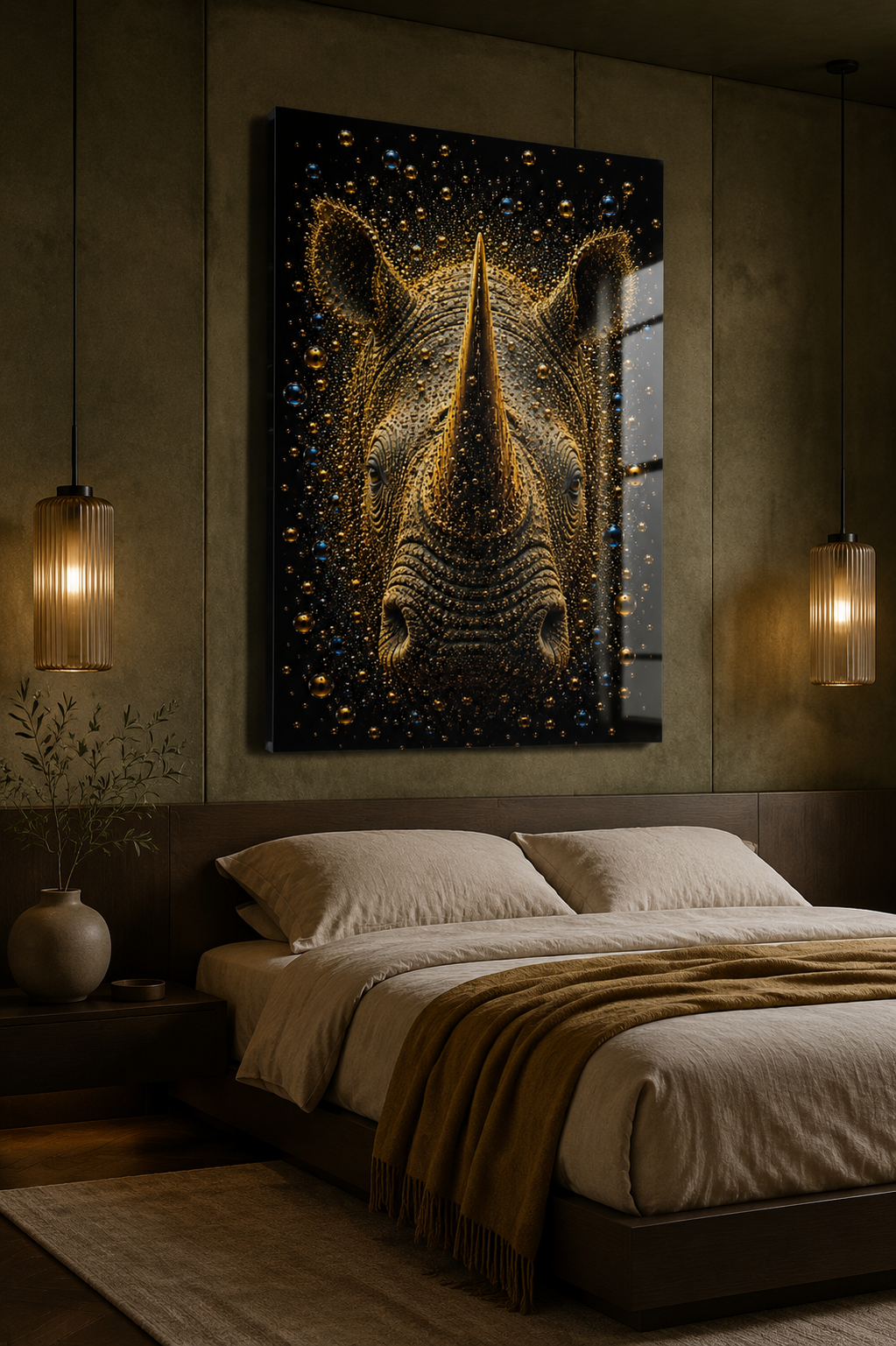 Golden Sentinel gouden neushoorn kunstwerk in een sfeervolle moderne slaapkamer
