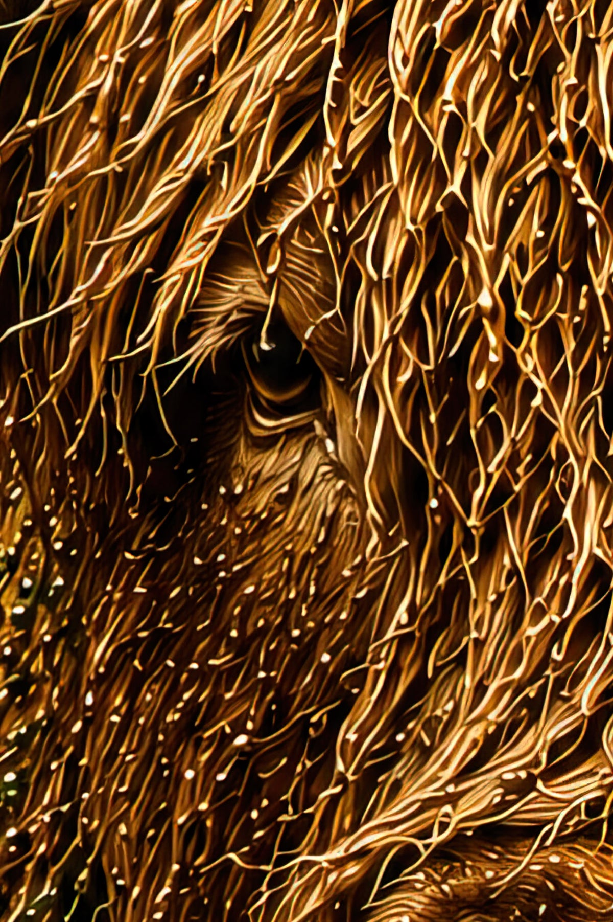 Detail van Highland Majesty met het oog en de verfijnde gouden vachtstructuur van de Schotse hooglander