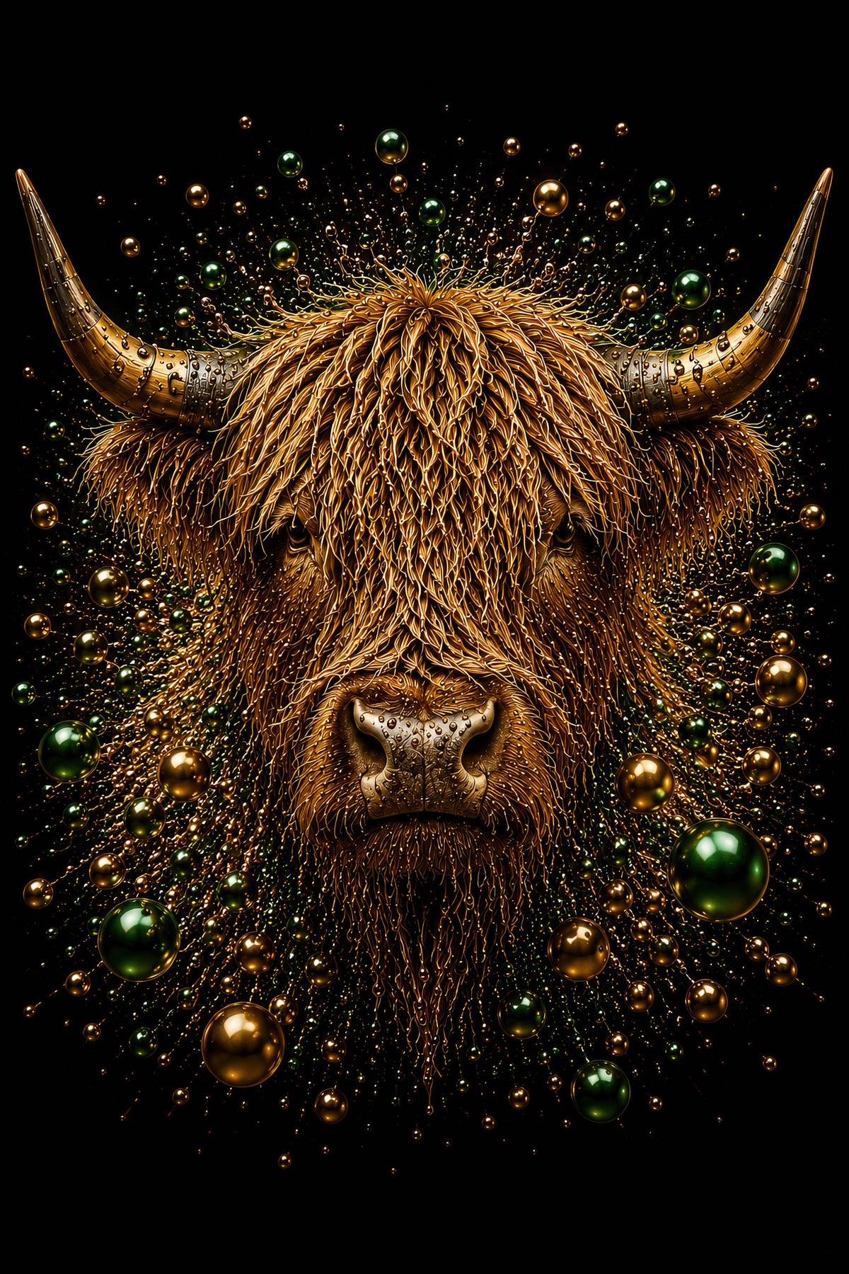 Gouden Schotse hooglander wanddecoratie Highland Majesty met groene en gouden bubbels op zwarte achtergrond