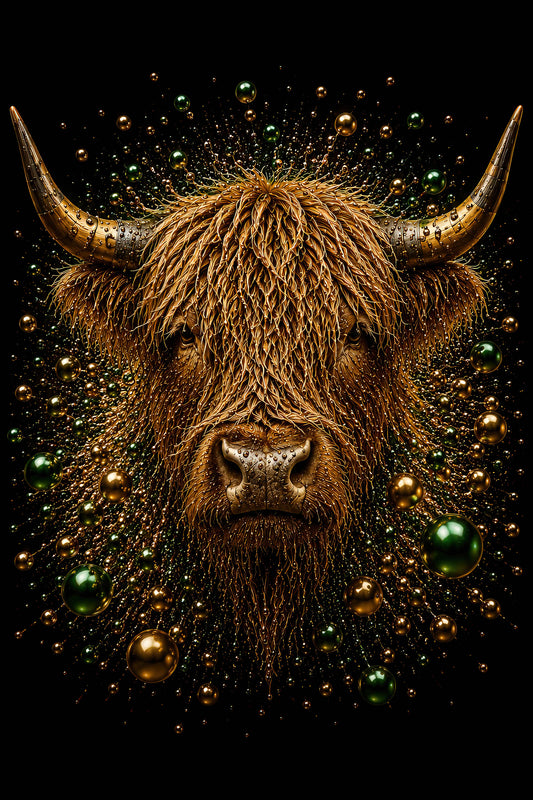 Gouden Schotse hooglander wanddecoratie Highland Majesty met groene en gouden bubbels op zwarte achtergrond