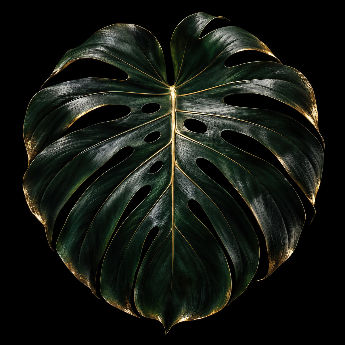 Monstera blad wanddecoratie in jadegroen, zwart en goud uit de Botanical Noir collectie