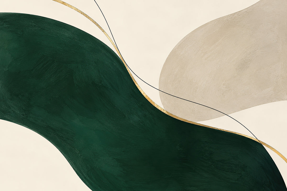 Jade Interval abstracte groene wanddecoratie met jadegroen, steen, zwart en goud.