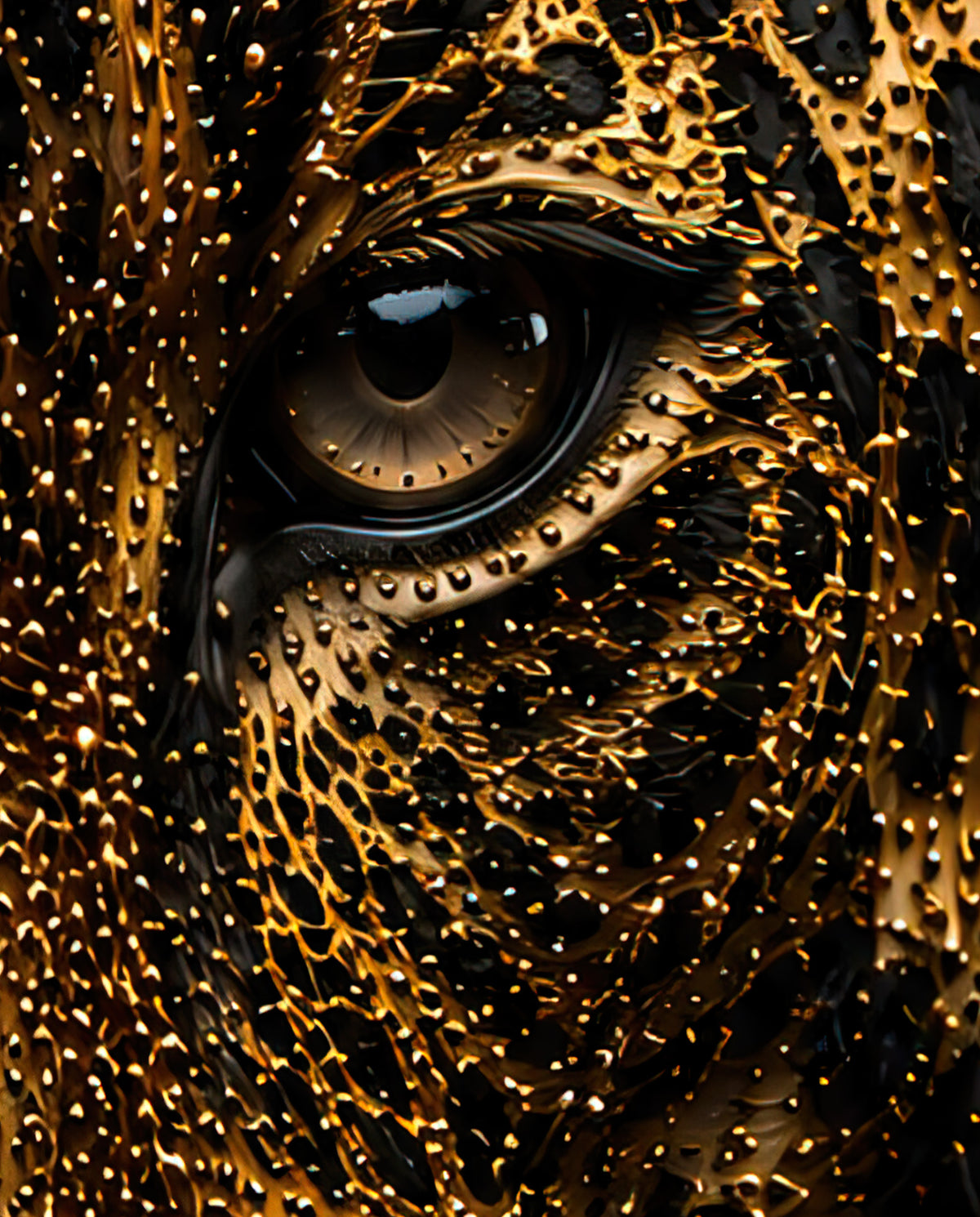 Detail van Jade Majesty met het oog en de gouden structuur van de jaguar