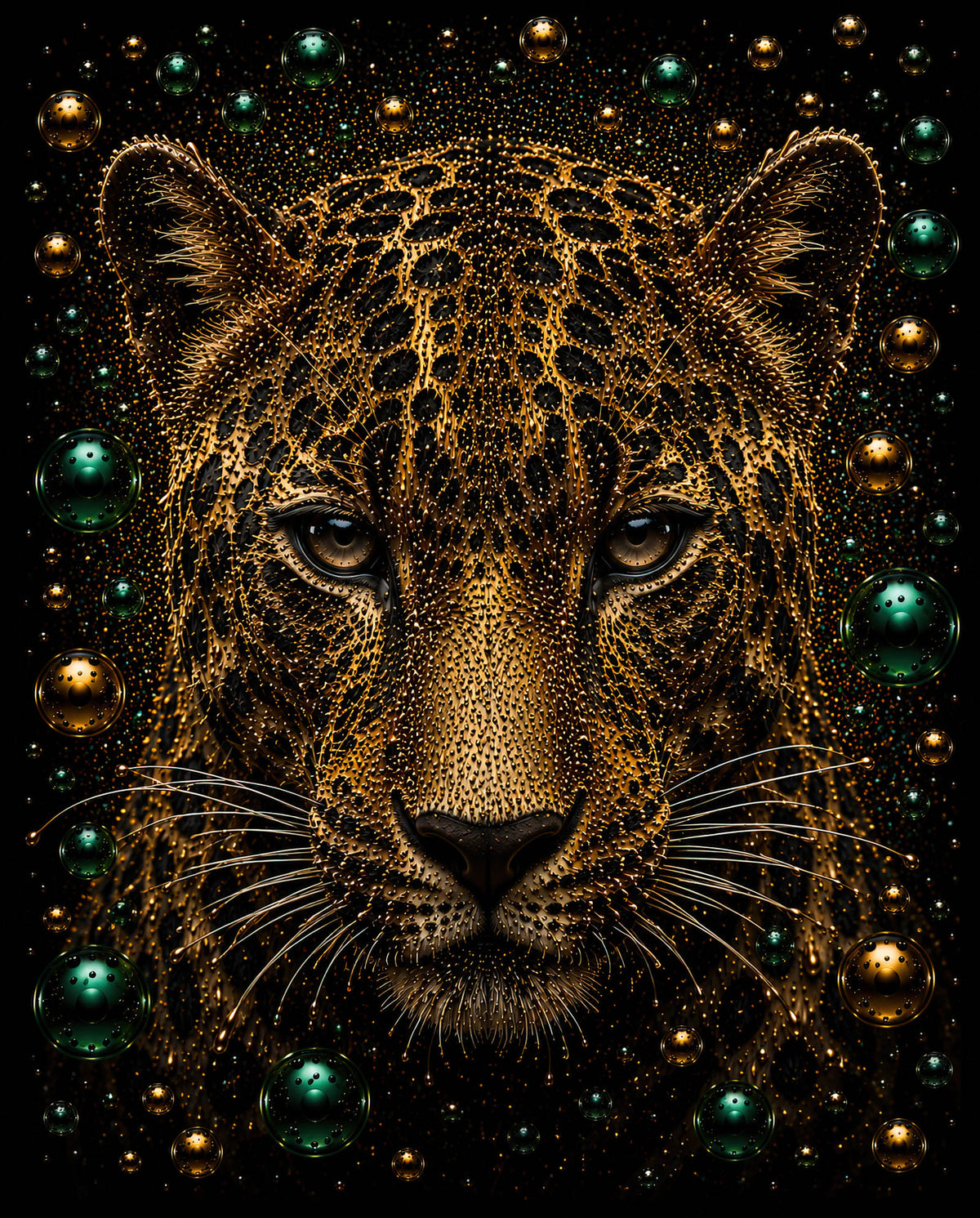 Gouden jaguar wanddecoratie Jade Majesty met groene en gouden bubbels op zwarte achtergrond