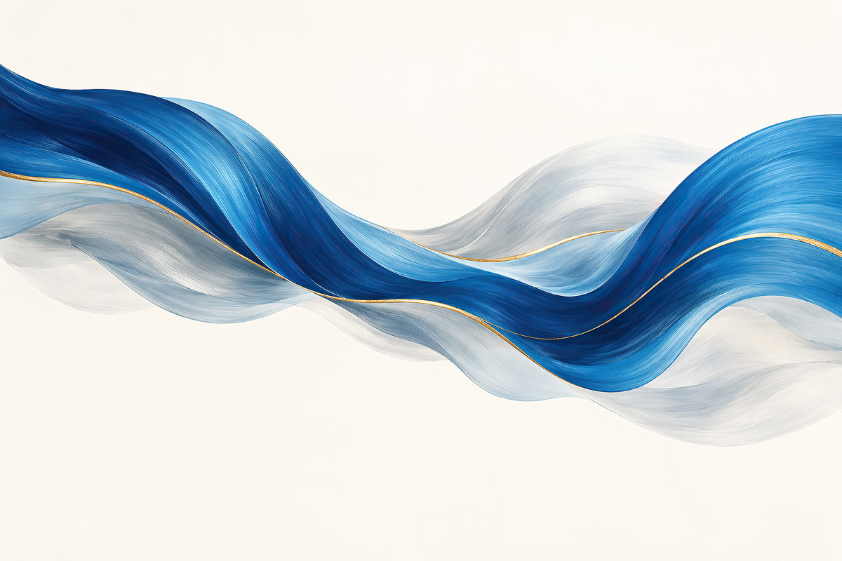 Luminous Tide abstracte blauwe wanddecoratie met vloeiende blauwe lijnen, grijs en goud.