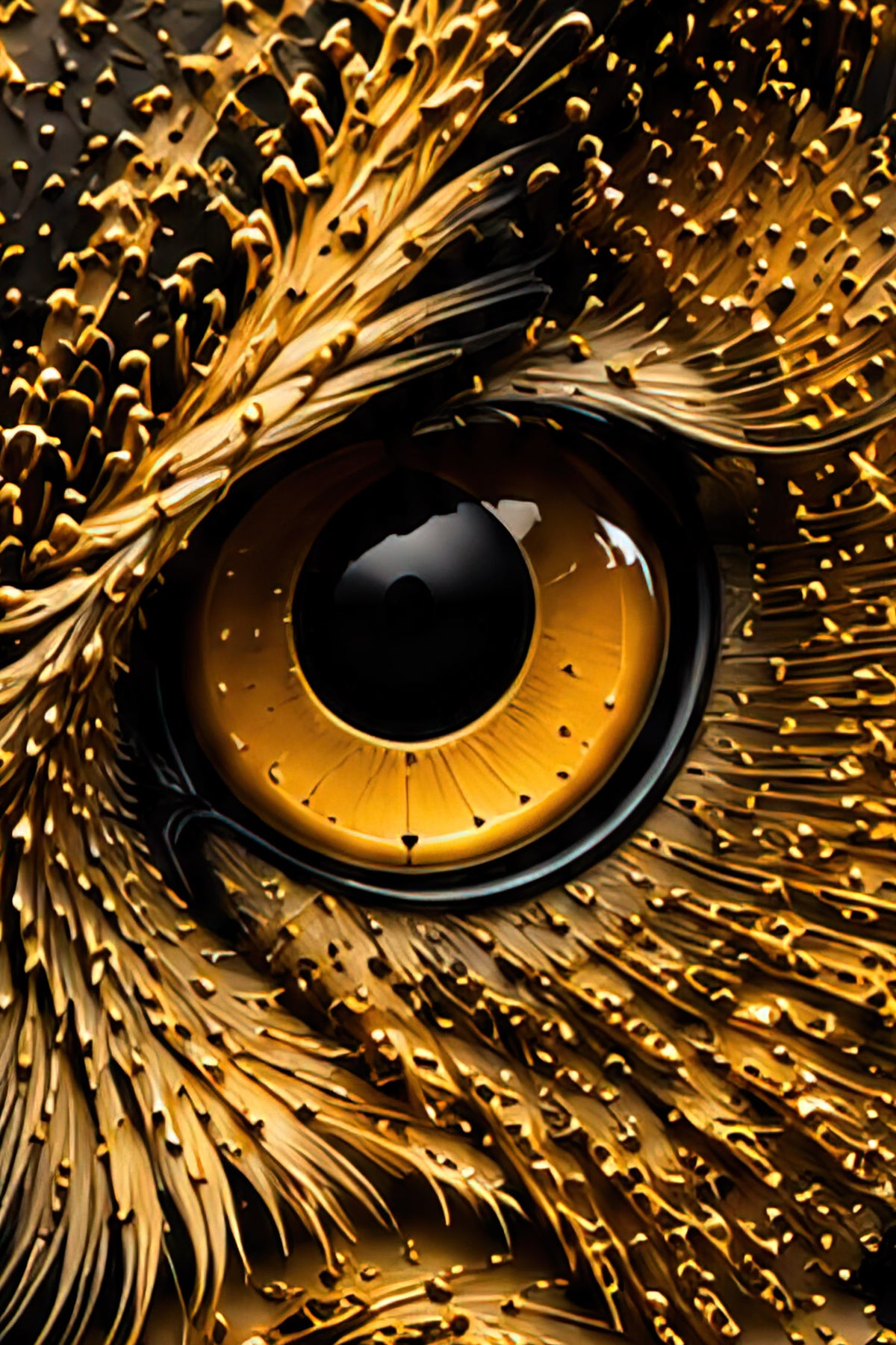 Detail van Midnight Oracle met het goudkleurige oog en de verfijnde gouden structuur van de uil