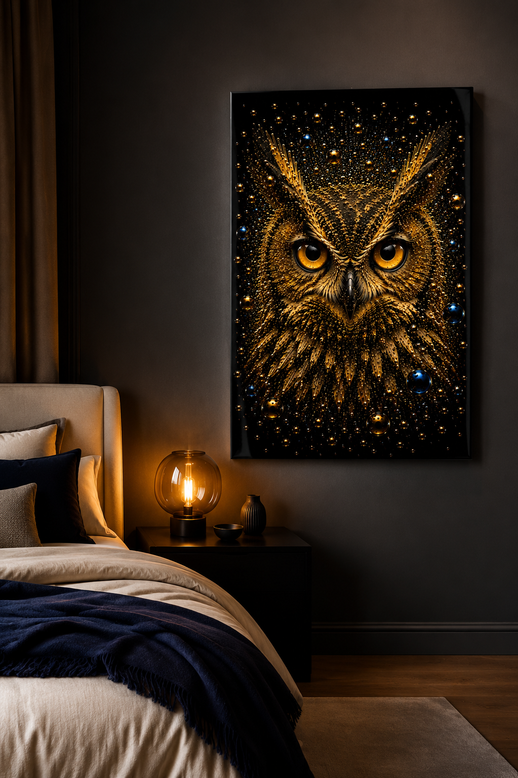Midnight Oracle gouden uil kunst aan de muur in luxe donkere slaapkamer